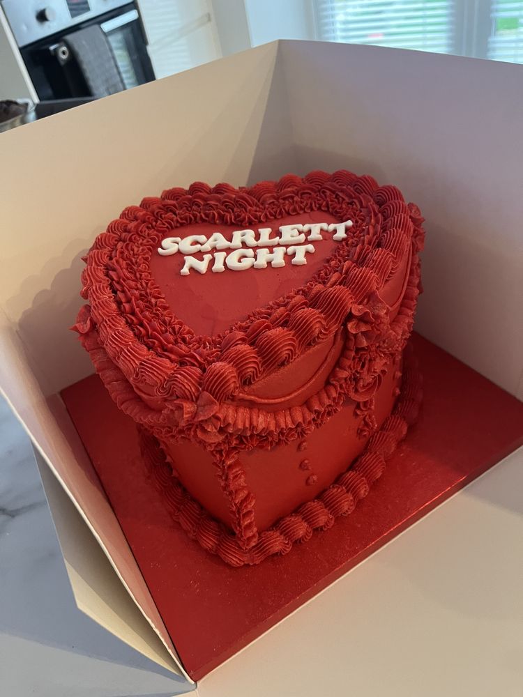 Red heart cake reading Scarlett Night